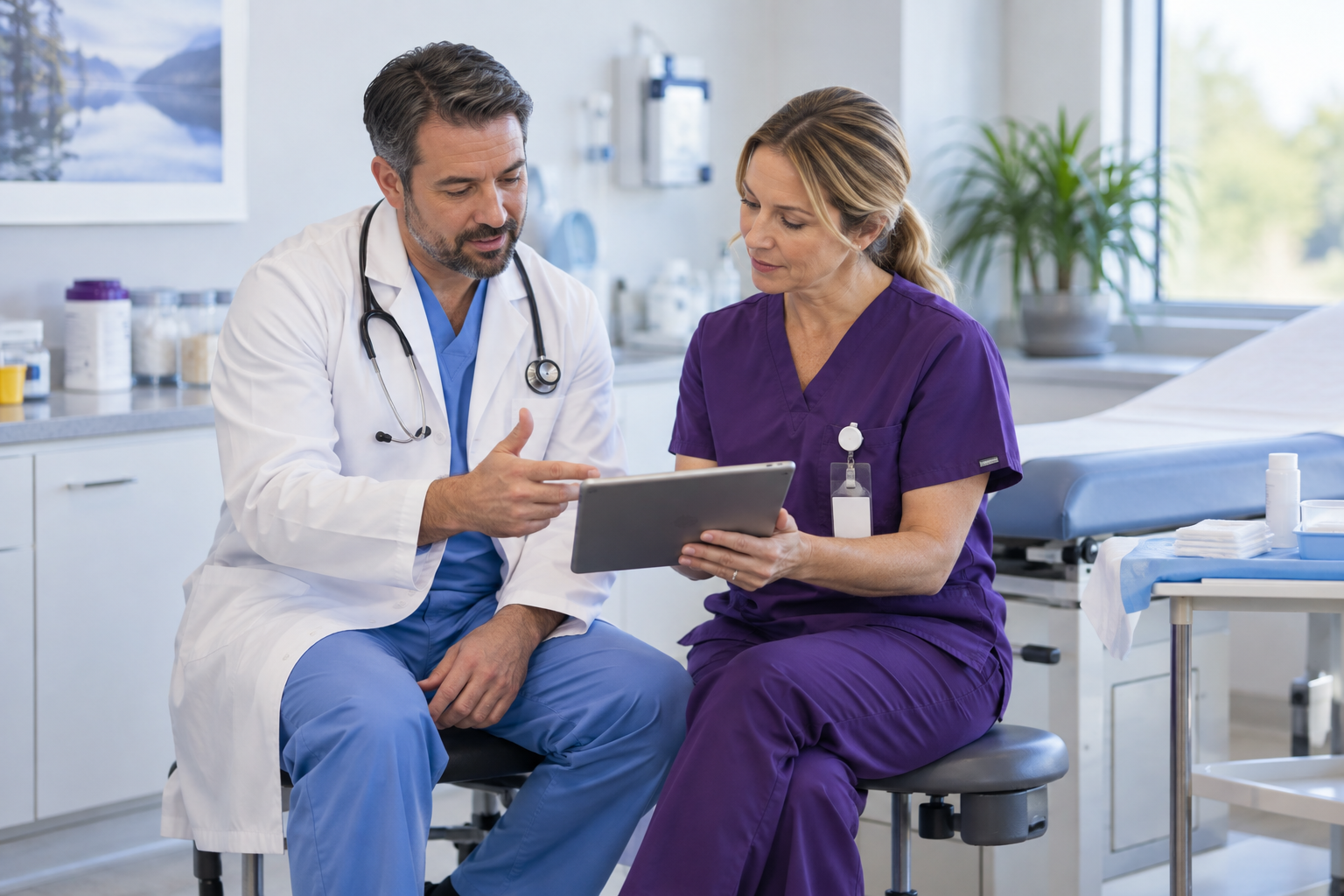 Doctor and wound-care specialist reviewing a care plan